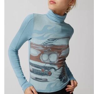 Urban Outfitters Retro Sierra Car Long Sleeve Blue Turtleneck Top Size Small NWT